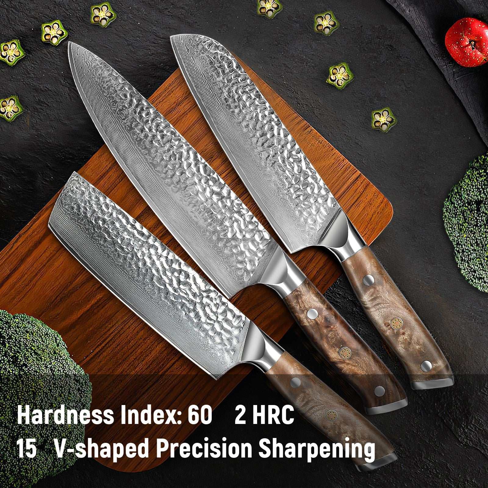 Damascus Chef Knife set with G10 handle, 10Cr15MOV steel, on wooden board, showcasing precision sharpening.