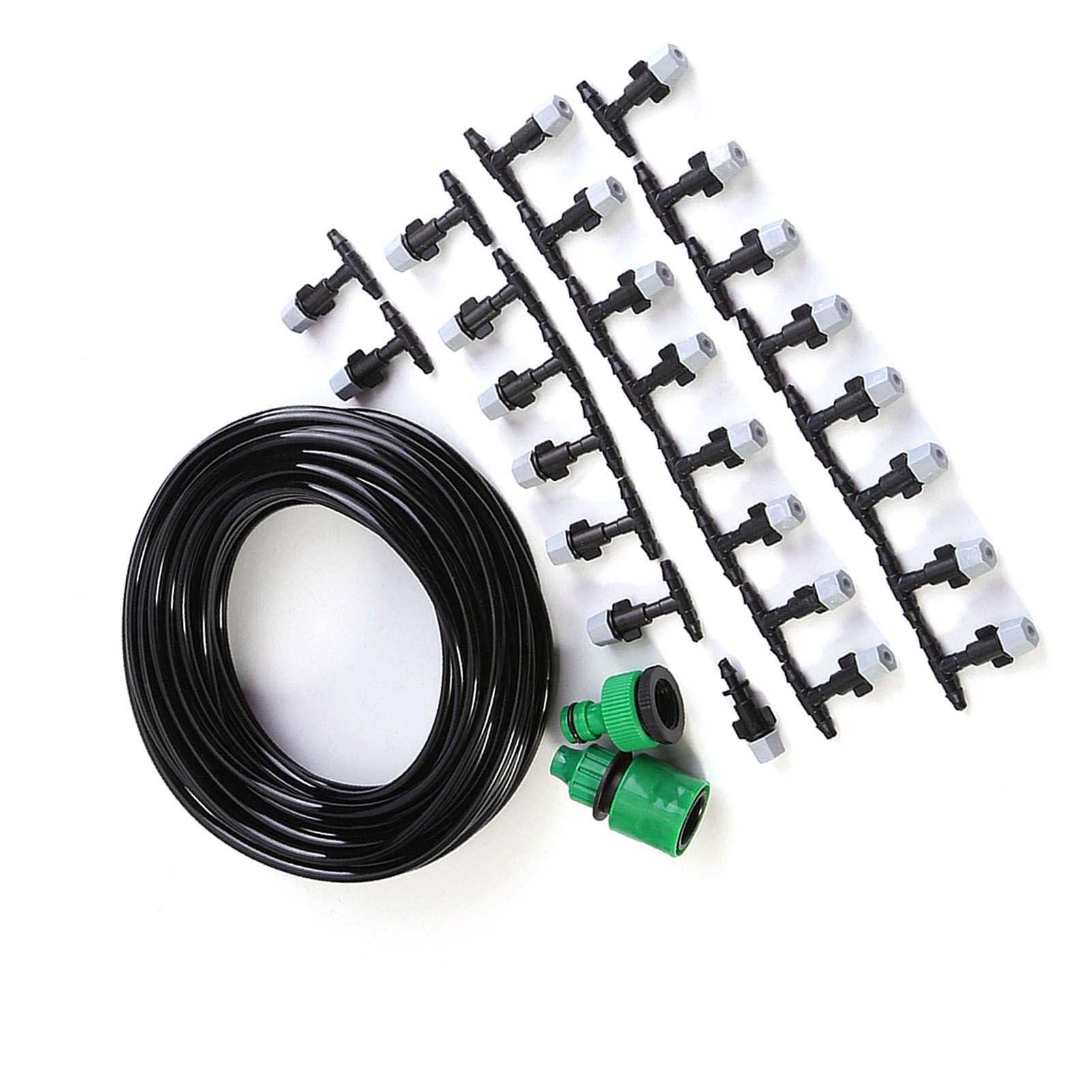 Water misting cooling system hose with connectors and nozzles for garden irrigation.