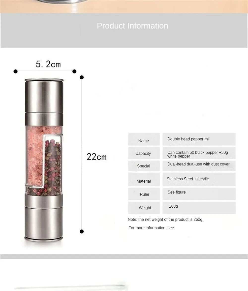 Manual 2-in-1 stainless steel salt pepper grinder with adjustable ceramic mill.