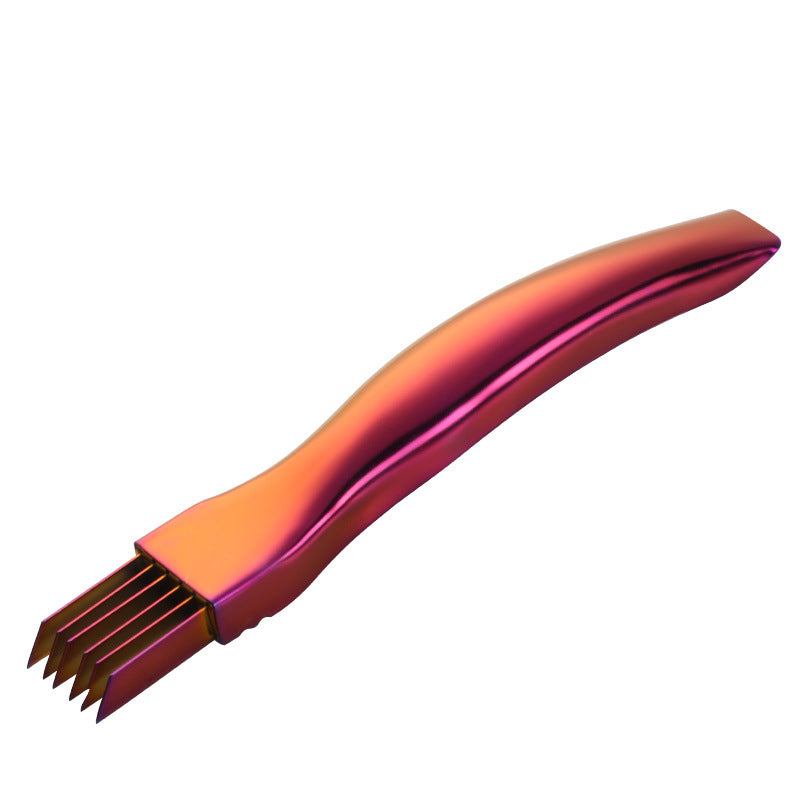 Metallic kitchen onion knife in rose gold.