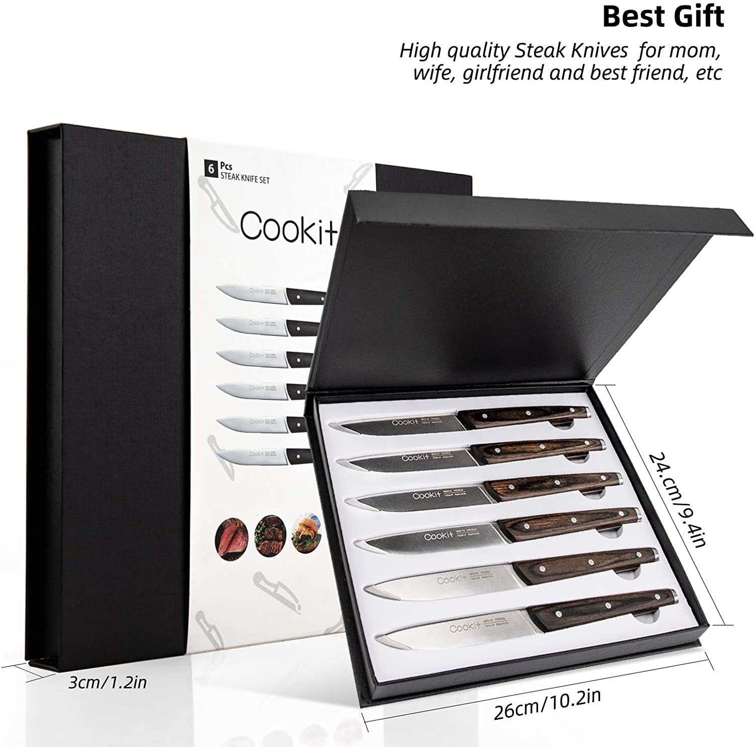 6Pcs serrated steak knife set with wooden handles in gift box, perfect for home and restaurant use.
