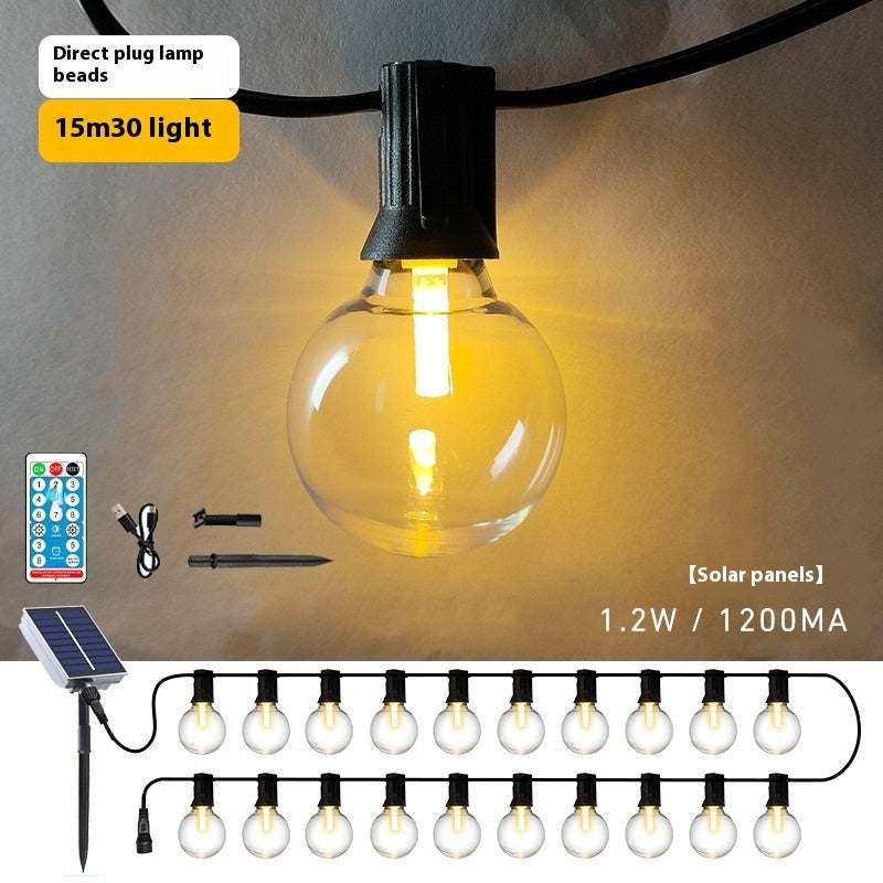 Solar retro outdoor camping string lights with G40 warm white bulbs and solar panel, 15m 30-lamp.