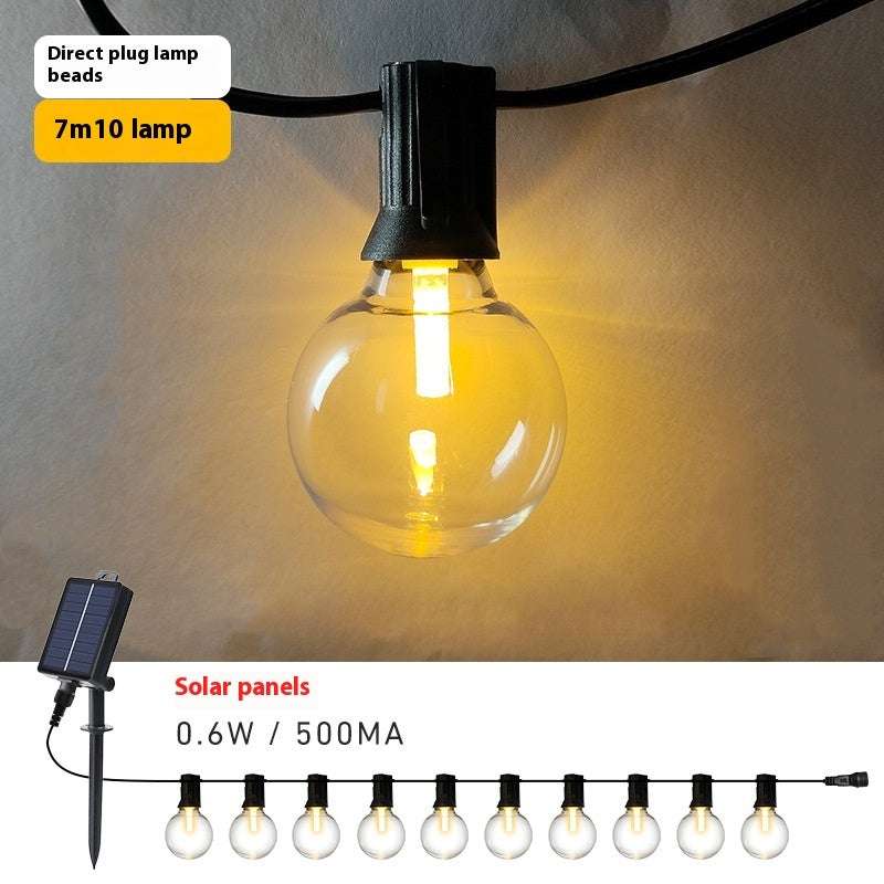 Solar-powered retro outdoor camping string lights with warm white G40 filament bulbs and solar panel.