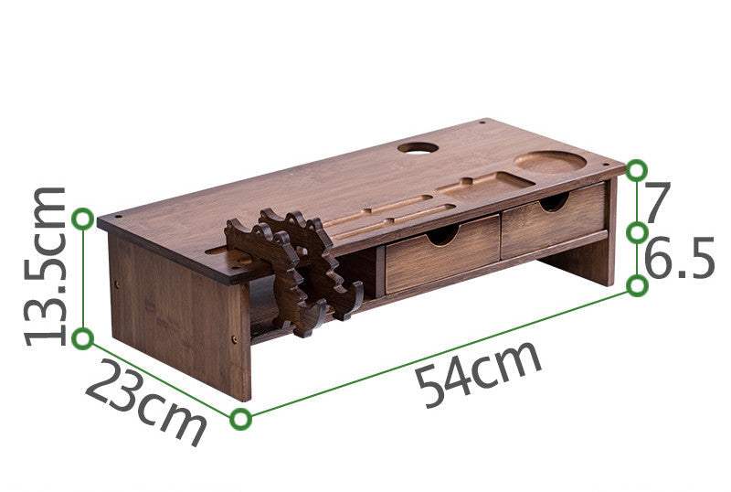 Solid wood desktop monitor stand with carved design, walnut color, featuring high storage capacity and ergonomic neck support.