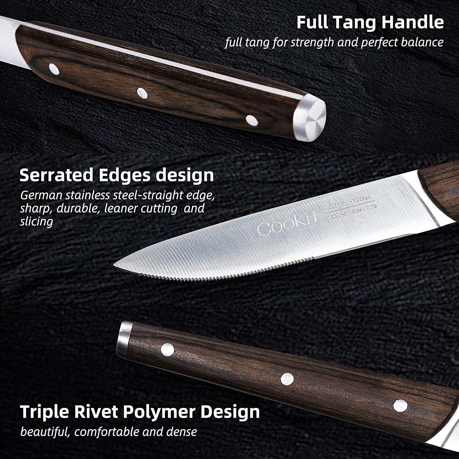 Serrated steak knives with wooden handle and German stainless steel blade.