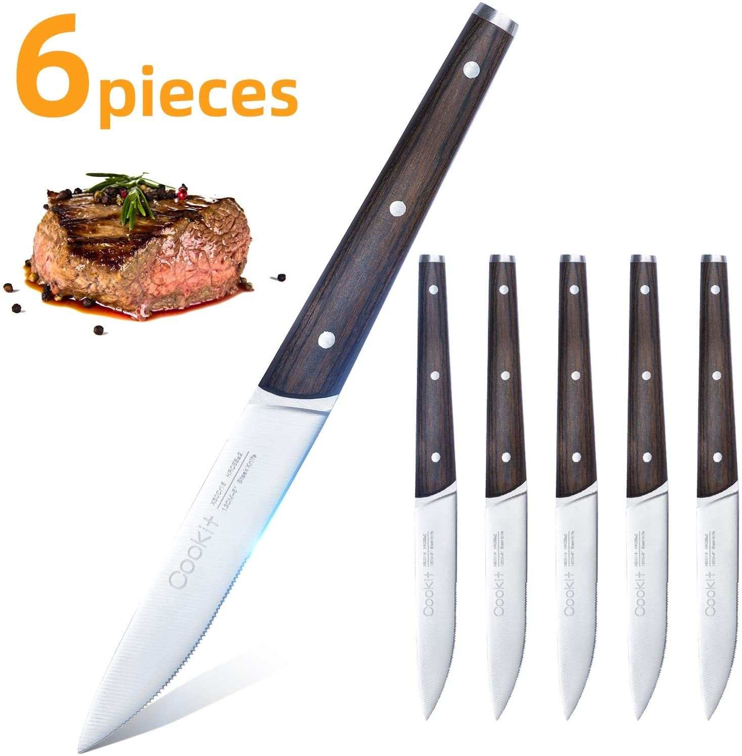 6-piece serrated steak knives set with wooden handles and stainless steel blades.
