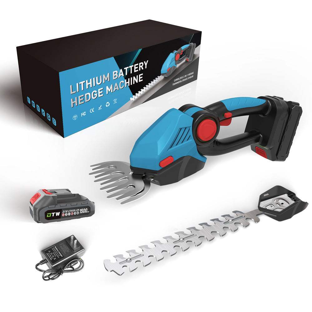 Electric small hedge trimmer with blue and black design, shown with lithium battery and accessories.