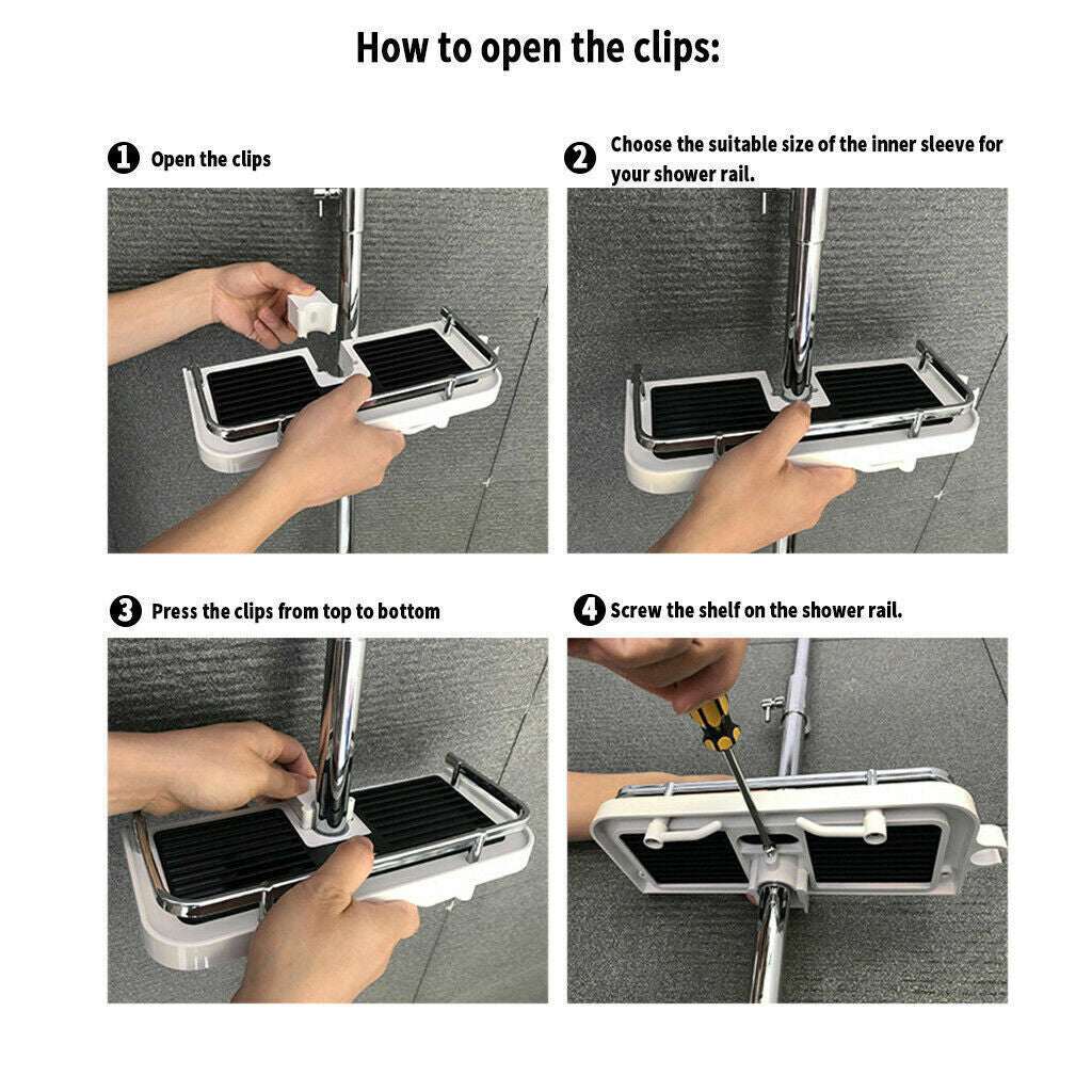 No drilling shower shelf installation process with step-by-step guide.