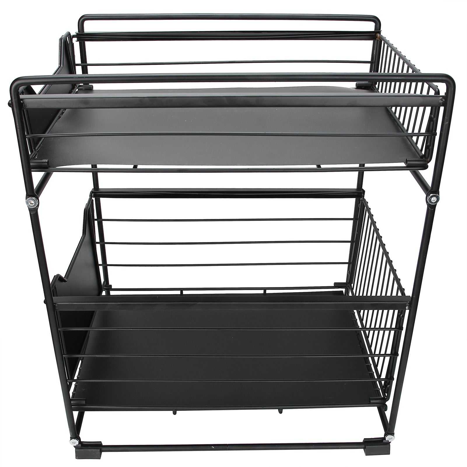 2-layer pull-out kitchen storage rack in black carbon steel for home and office organization.