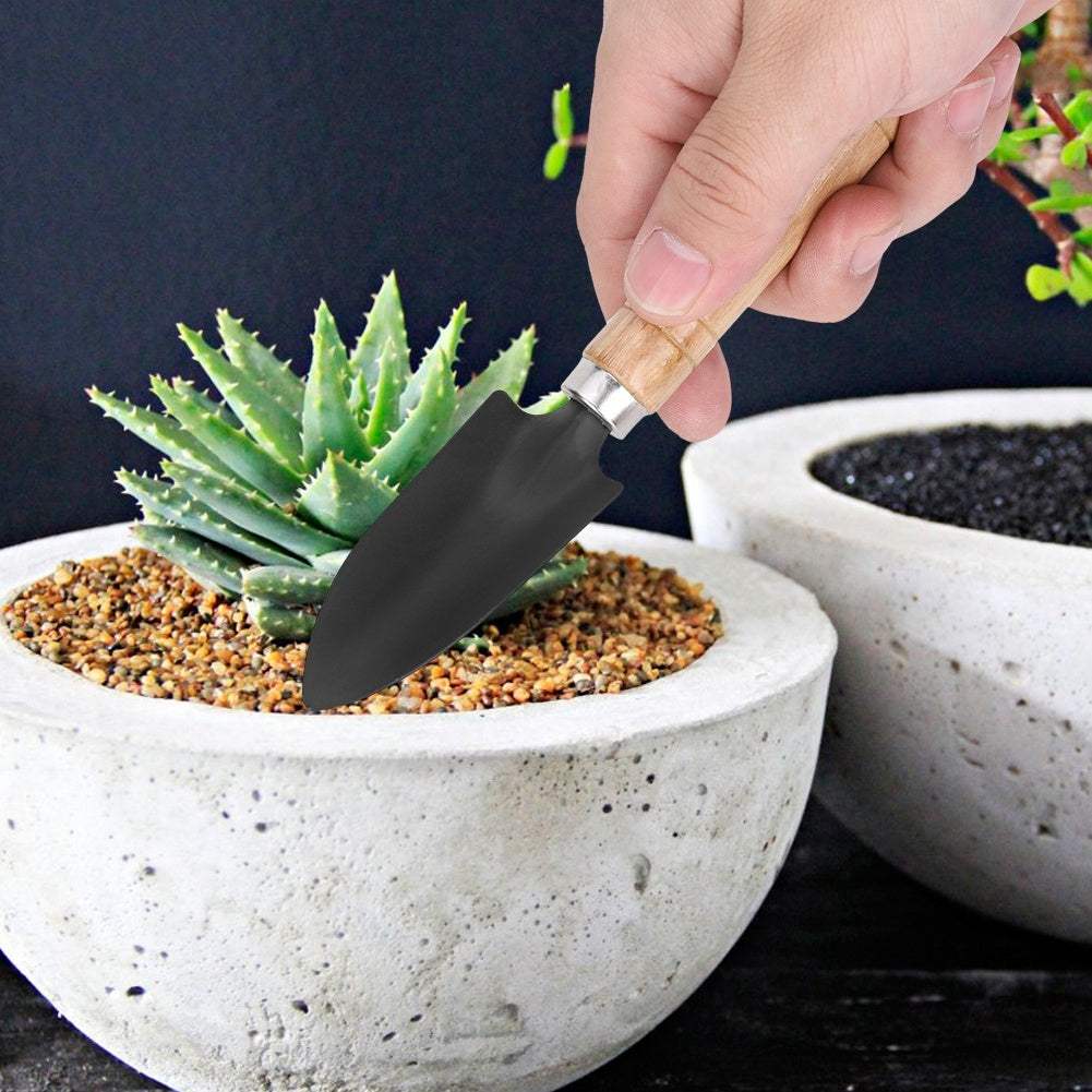 Mini plant gardening tools set with wooden handles, including a spade being used for potted plant care.