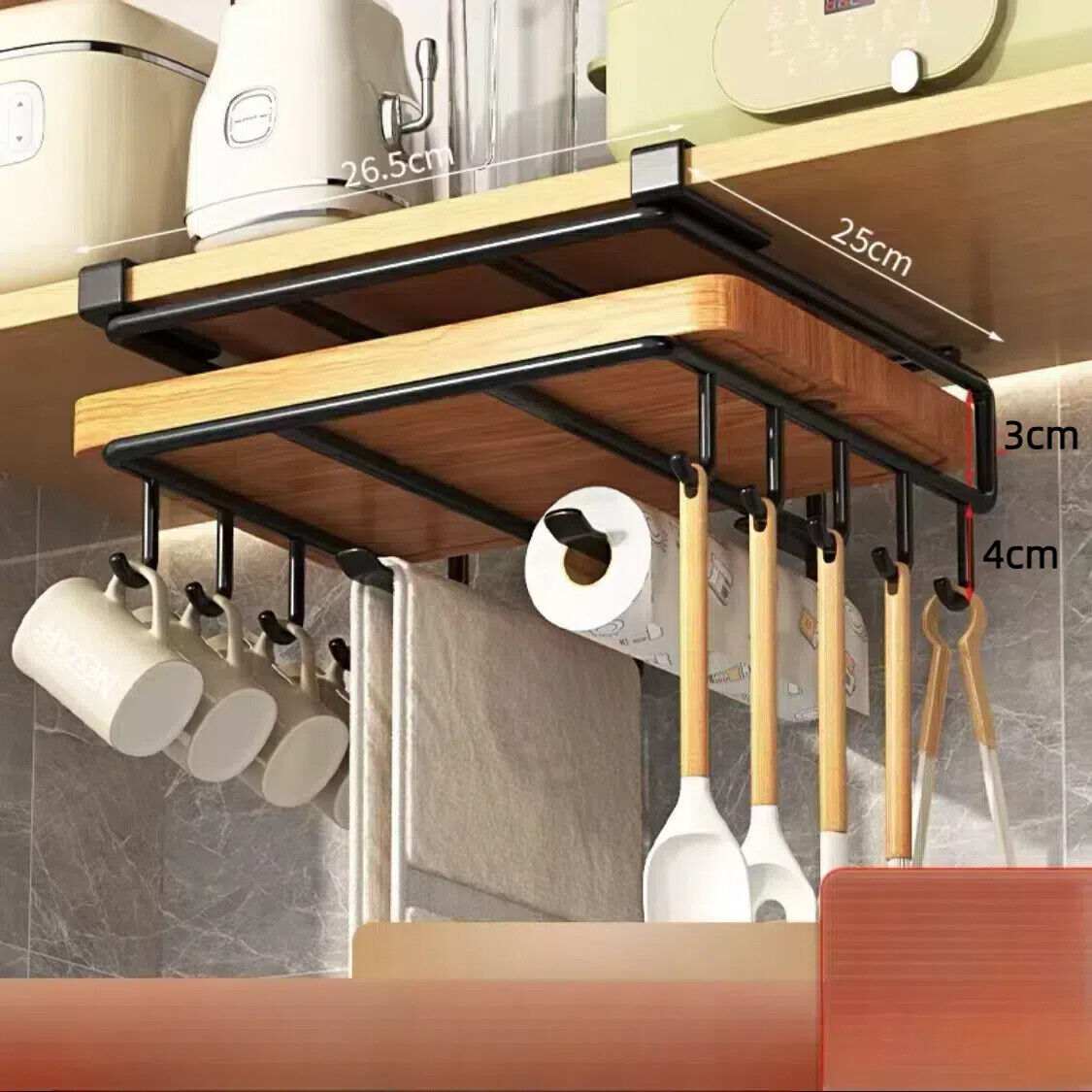 Under shelf storage cutting board organizer with hooks in black and silver, stainless steel construction for kitchen or bathroom.