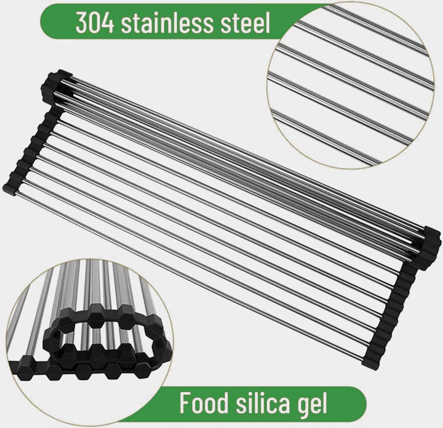 Kitchen stainless steel sink drain rack with food-grade silica gel edges, roll-up design for space-saving.