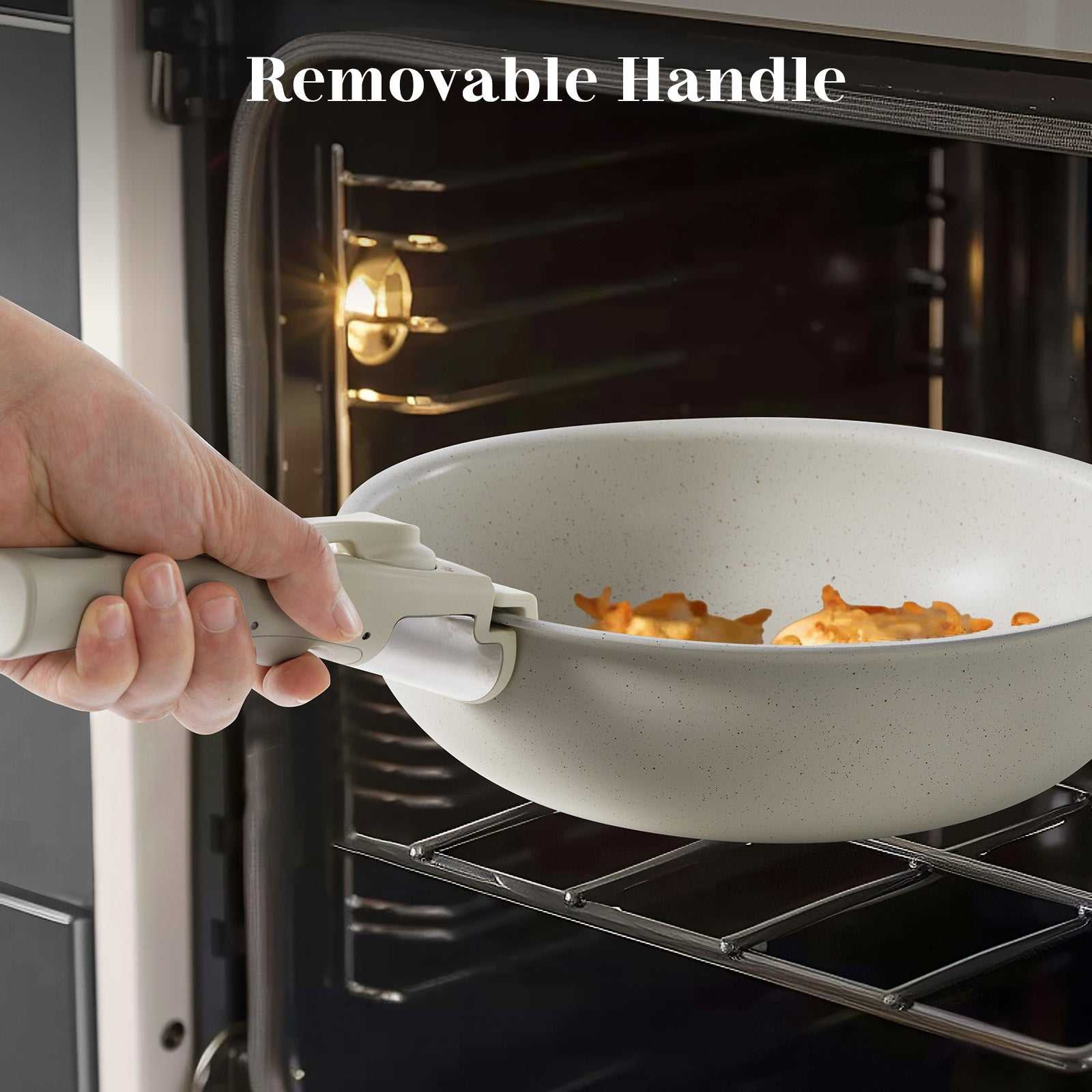 Non-stick pan with removable handle from 12 pots and pans set in oven.
