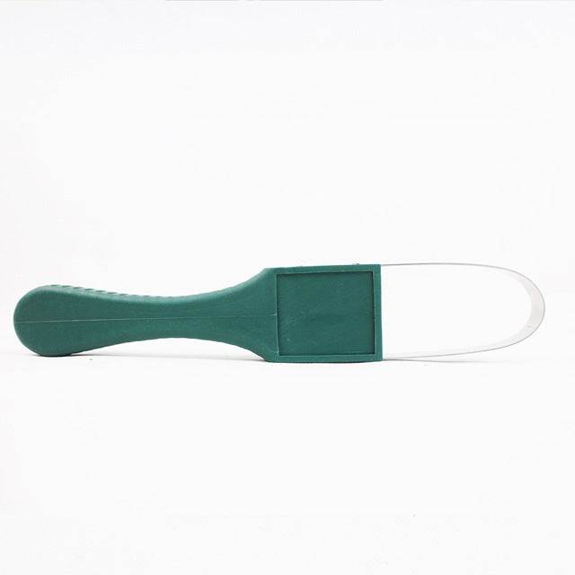 Garden gardening tool with a green plastic handle and stainless steel blade, ideal for weeding.