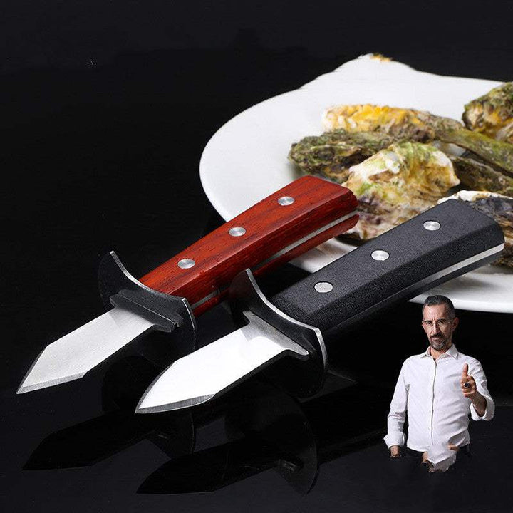 Stainless steel oyster shell knife with red wooden handle.