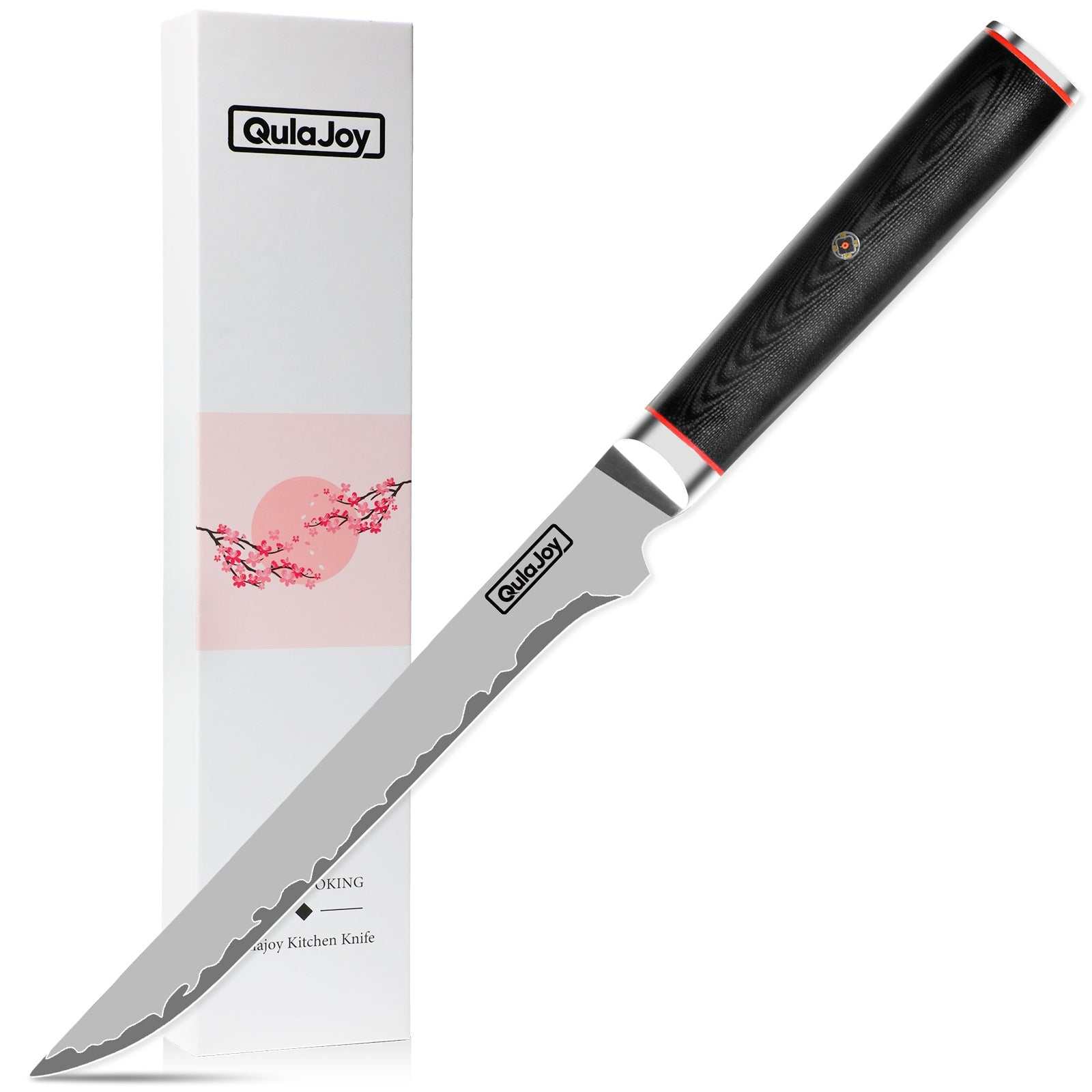 Qulajoy VG10 Chef Knife with Japanese 10Cr15MoV steel, G10 handle, and unique sandblasted blade, ideal for slicing meat and vegetables.