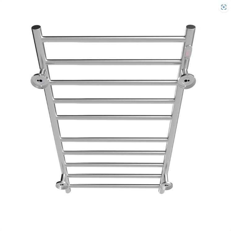Wall-mounted silver electric heated towel rack with 10 stainless steel bars.