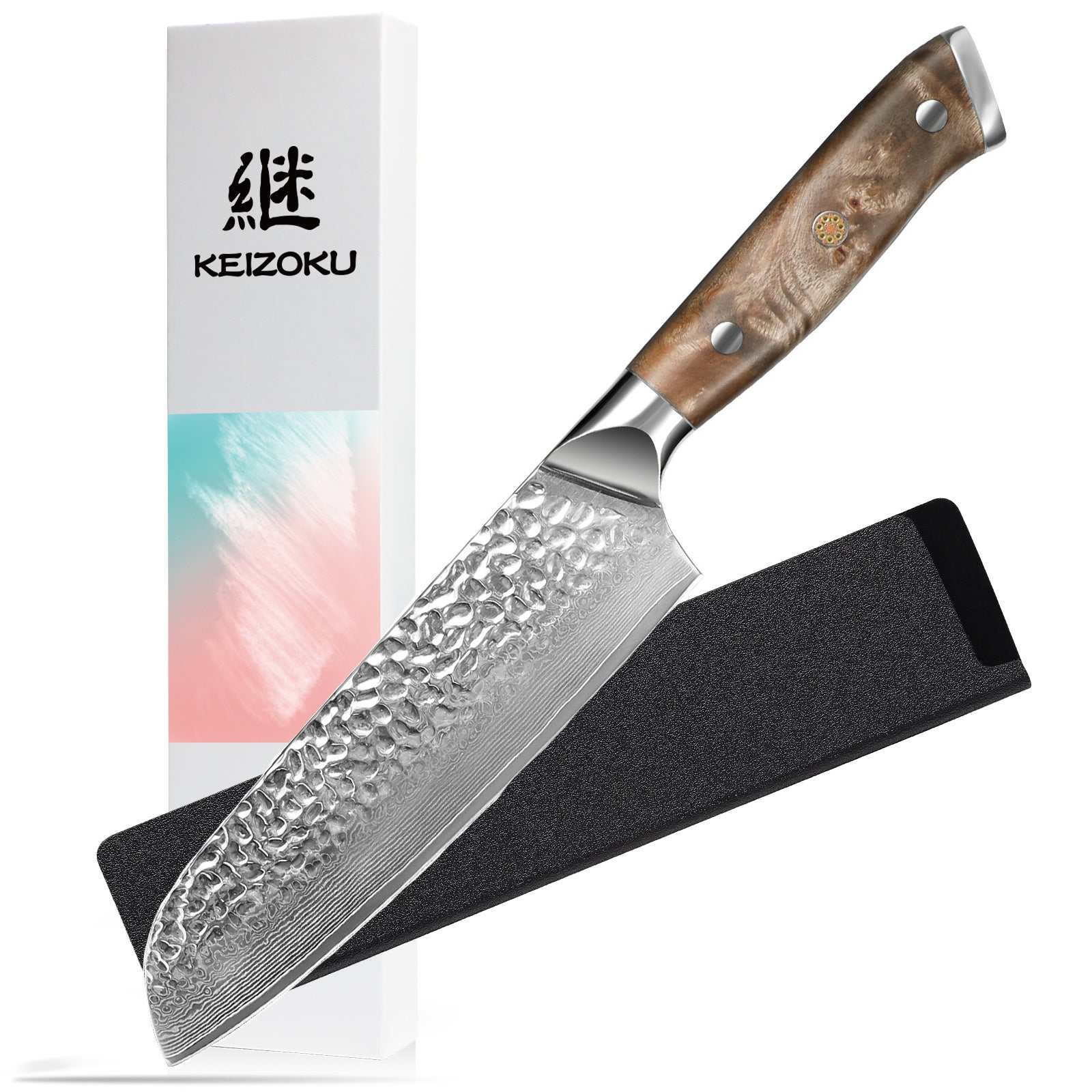 Damascus Chef Knife with G10 handle and sheath, 67-layer hammered blade for professional kitchen use.