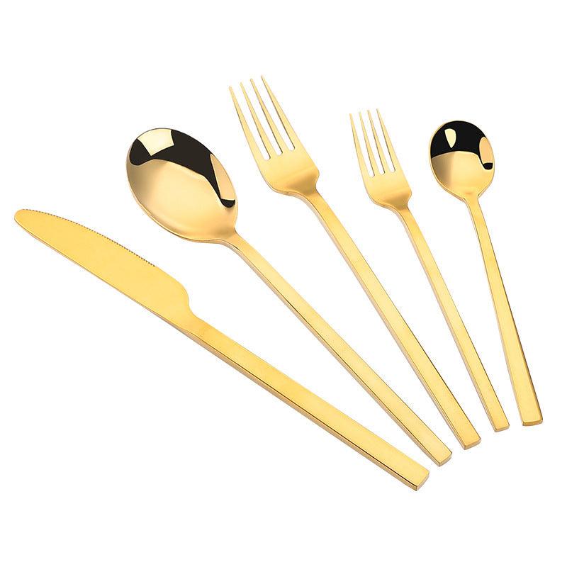 Gold matte stainless steel cutlery set including knife, fork, spoon, and more.