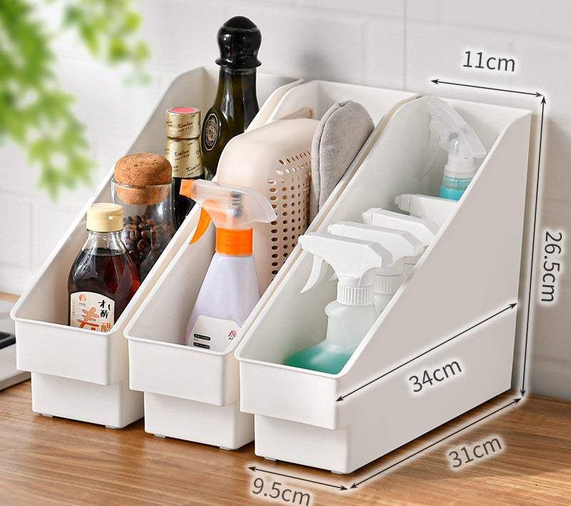 Kitchen cabinet organizer storage box with adjustable compartments for efficient space management.