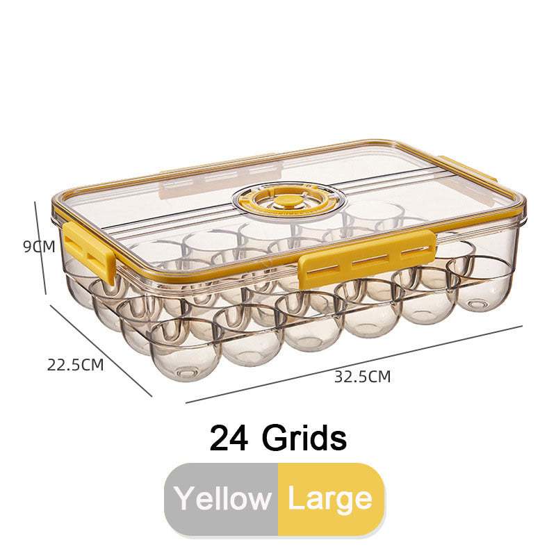 Yellow PET kitchen organizer, sealed storage box with lid, 24 grid compartments, large size, home life preservation.