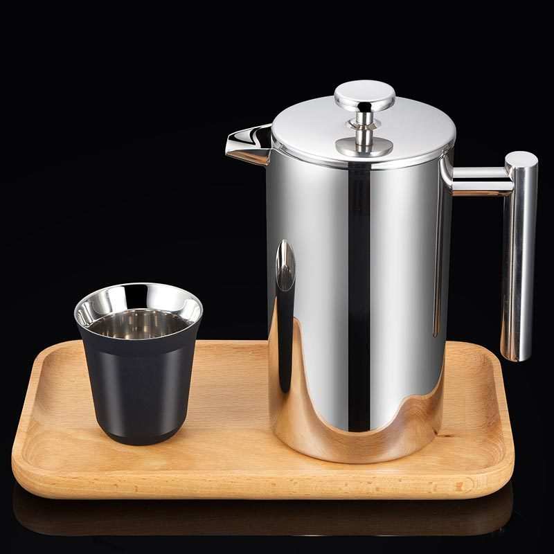 French Press Double-layer Stainless Steel with cup on wooden tray.