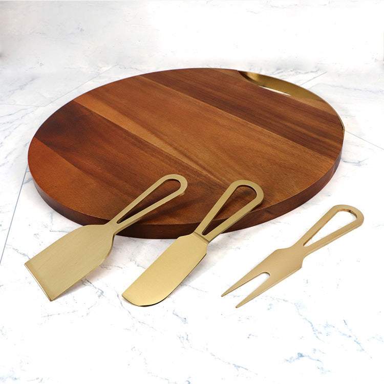 4-piece cheese knife and acacia wood board set with stainless steel knives.