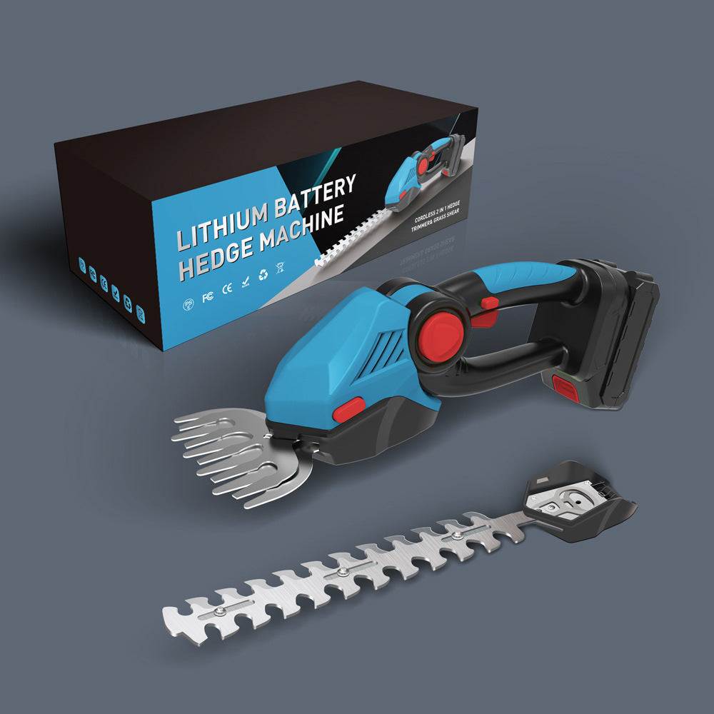 Electric small hedge trimmer with detachable blade and lithium battery box.