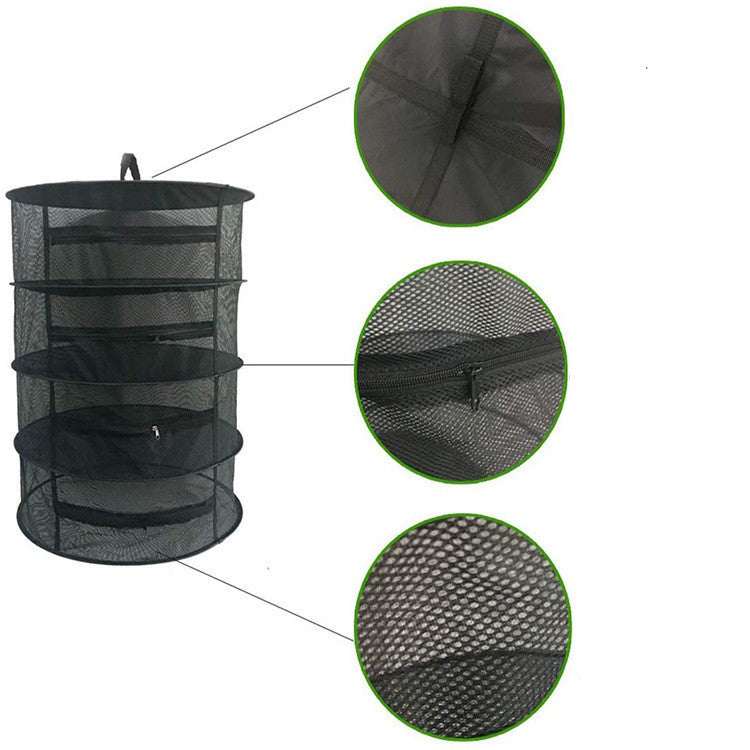 Black mesh drying net for herbal garden plants with multiple layers and foldable design.