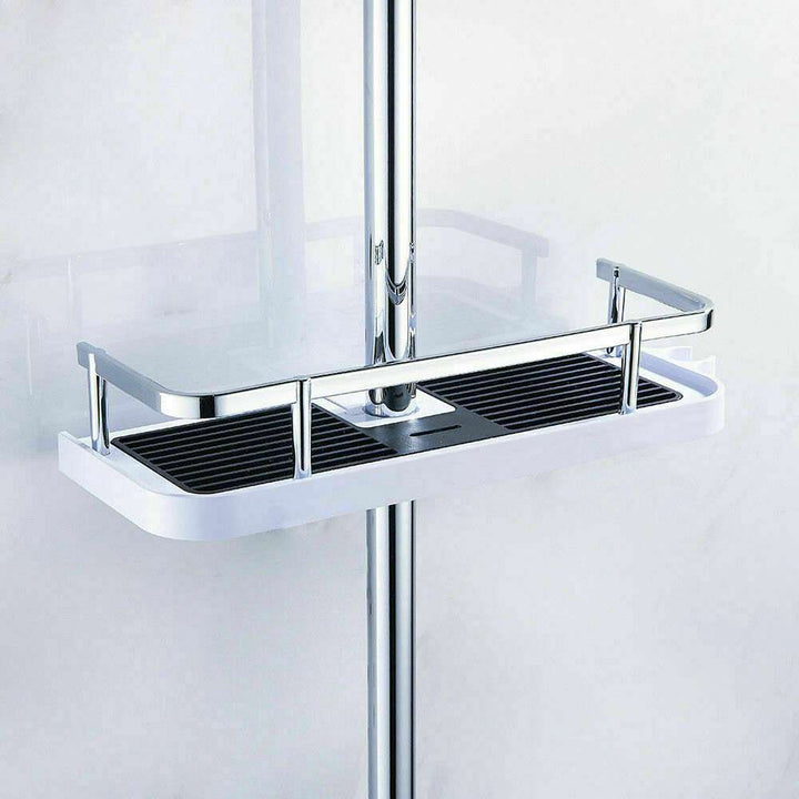 No drilling shower shelf with hollow bottom and hooks for bathroom storage.