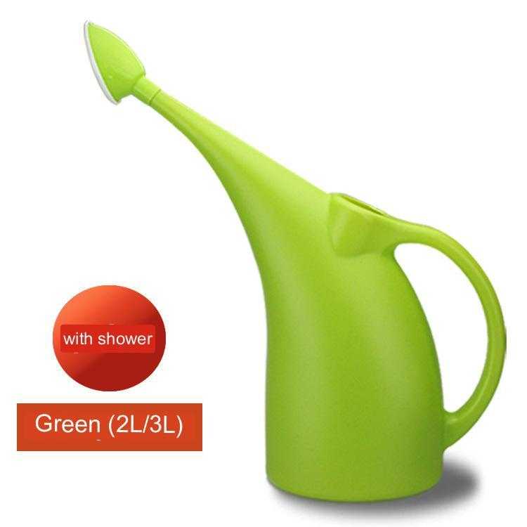 Green polypropylene watering can with a long spout, available in 2L and 3L sizes for home and garden use.