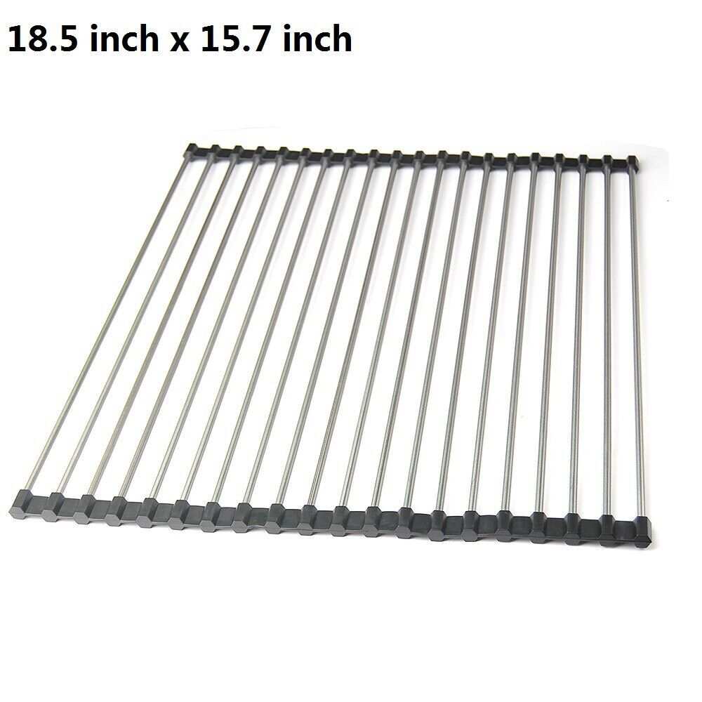 Kitchen stainless steel sink drainer rack mat, 18.5 x 15 inch, black and silver, roll-up design.