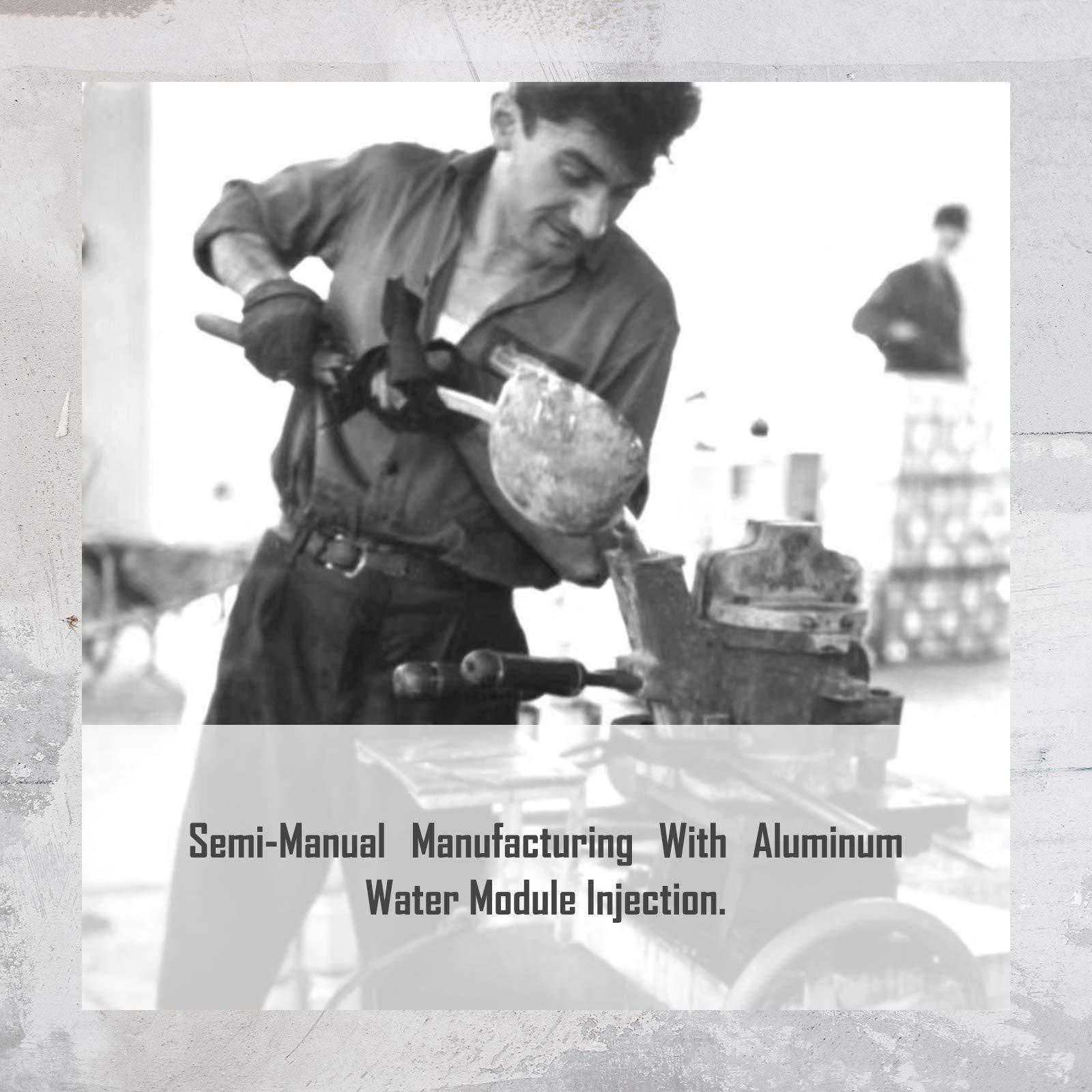 Black and white image of a man working with metal machinery in a manufacturing setting, highlighting semi-manual processes.