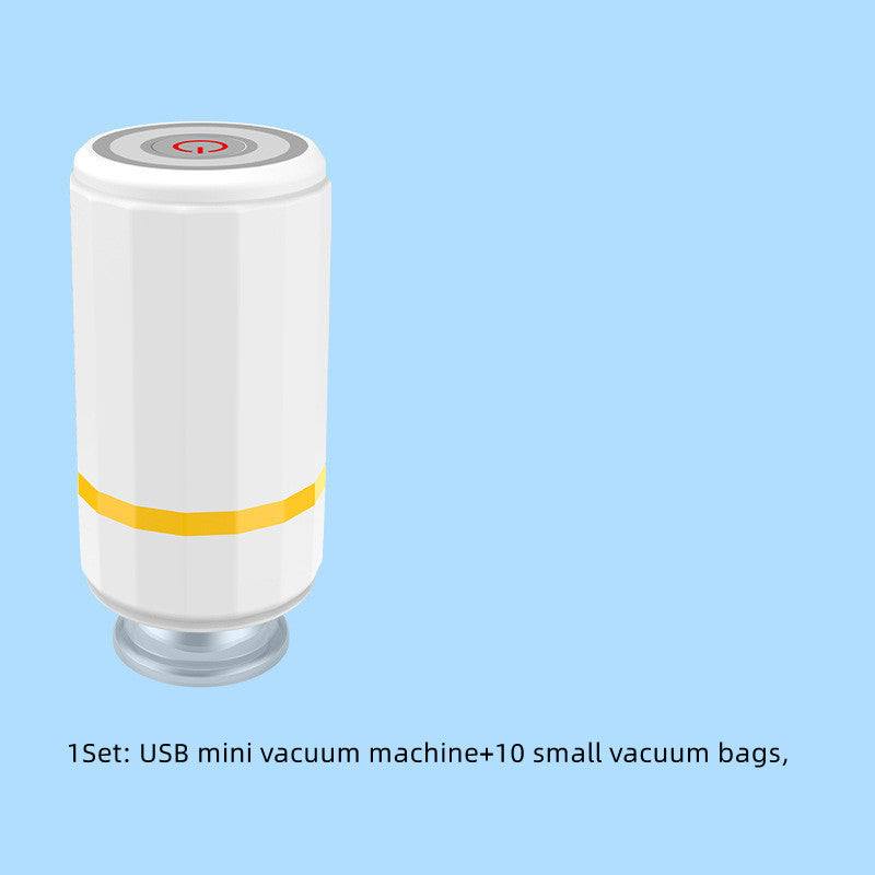 Mini USB charging vacuum sealer with small bags on blue background.