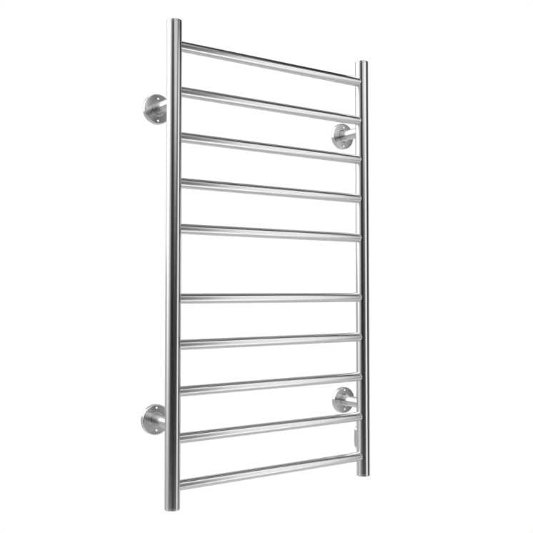 Electric heated towel rack with 10 stainless steel bars, wall-mounted design.