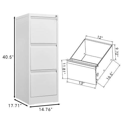 3 drawer metal file cabinet with lock for office, white, vertical storage, dimensions included.