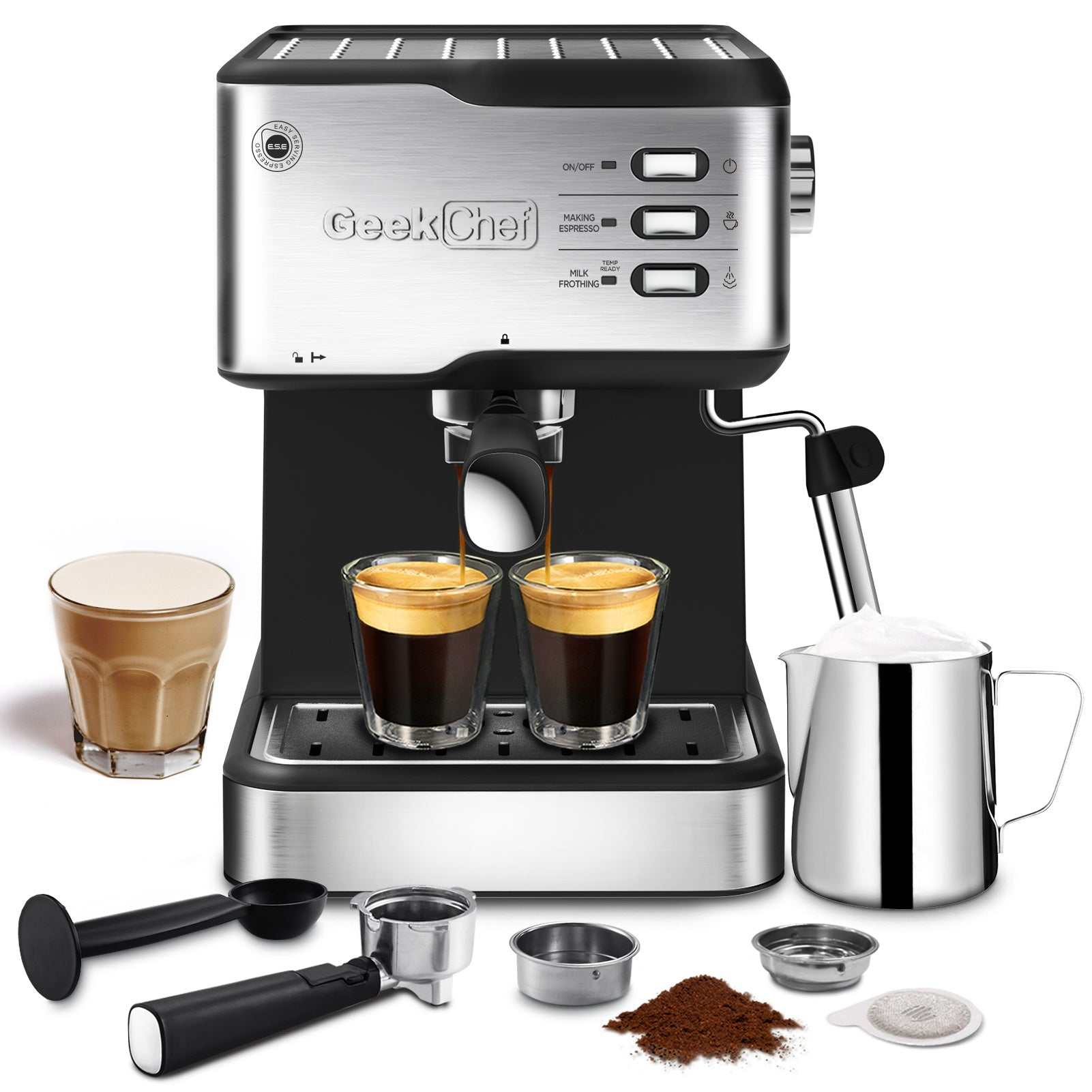 Geek Chef Espresso Machine with 20 Bar Pressure, Milk Frother, and ESE POD Compatibility