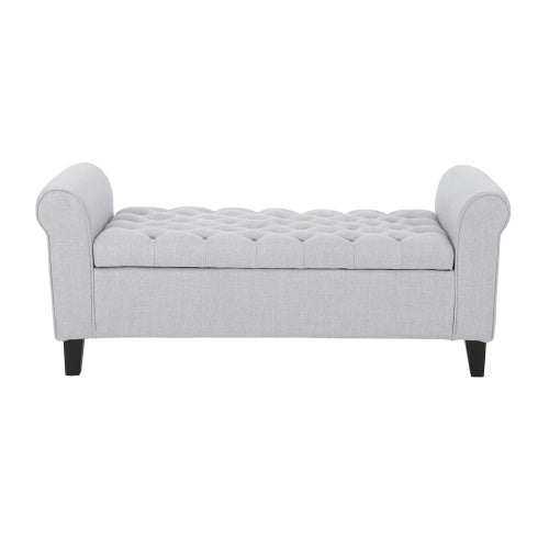 Light grey HAYES ARMED STORAGE BENCH with button-tufted diamond stitch, rolled arms, and fabric material.