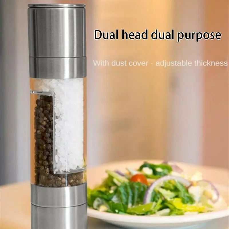 Salt Pepper Grinder, dual-head stainless steel mill with adjustable ceramic grinding mechanism.