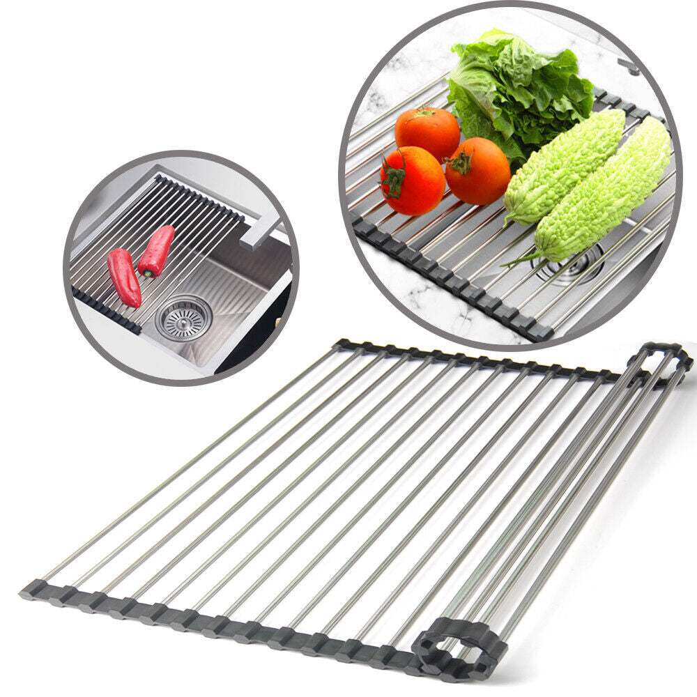 Kitchen stainless steel sink drain rack roll up dish drying drainer mat with silicone edges, shown with vegetables and over sink use.