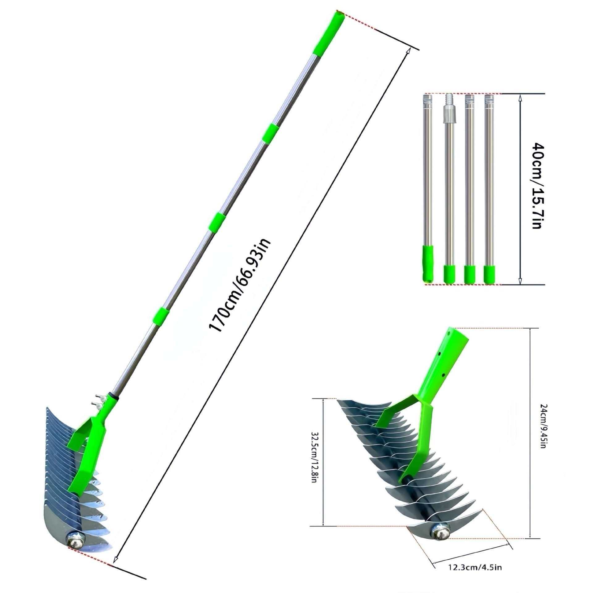 Gardening tools lawn hay rake with adjustable carbon steel head and rod, 130-170cm.