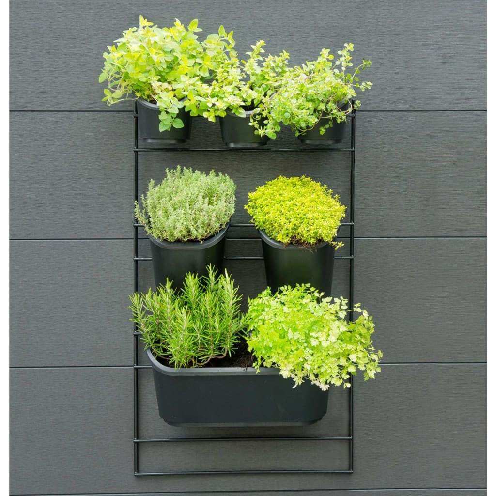 Nature Vertical Garden Wall Kit with semi-circular flower pots on metal grid for herbs and flowers.