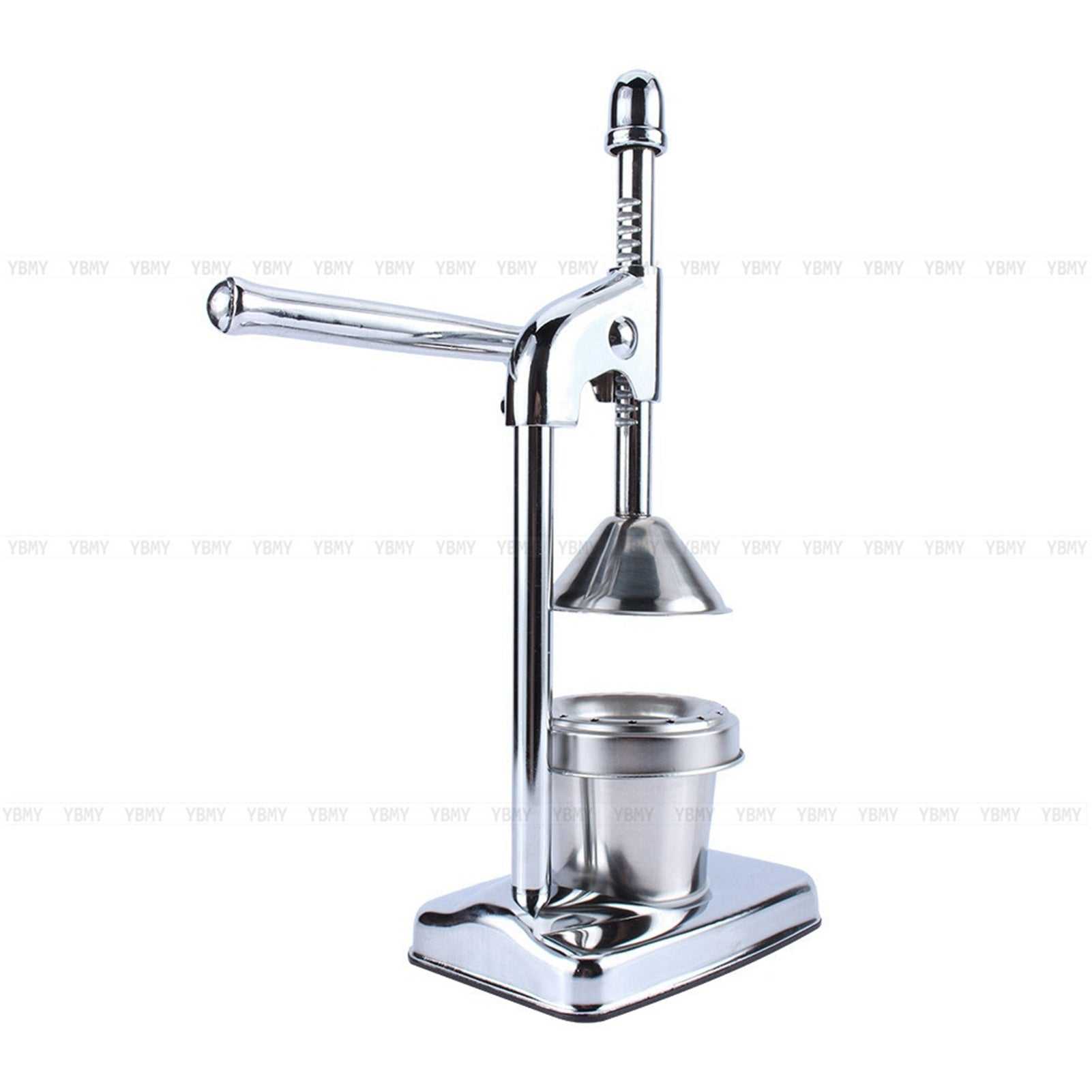 Durable manual hand press orange juicer with lever-gear handle and stainless steel cup.