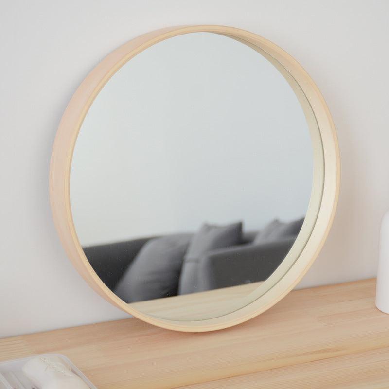 Round solid wood bathroom mirror with original wood color and float silver surface, modern design.