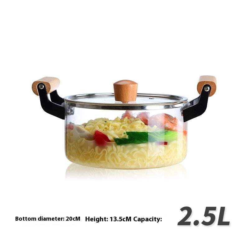 Borosilicate Visions Cookware Pot with Wooden Handles, 2.5L Capacity, Glass Material.