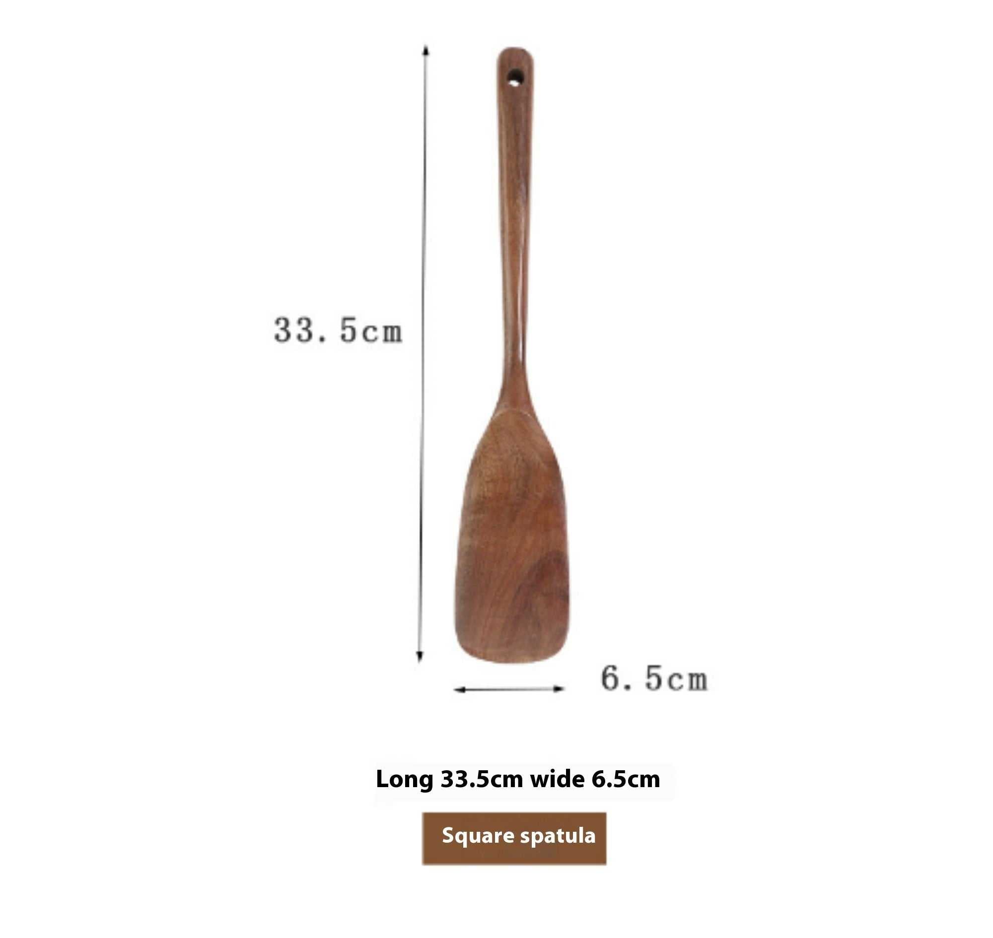 Thailand teak natural wood square spatula with long handle, 33.5cm x 6.5cm.