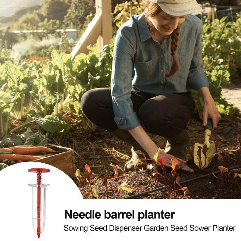 Plastic mini seed dispenser tool for easy garden planting.