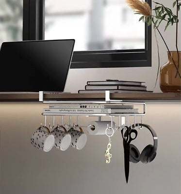 Under shelf storage cutting board organizer, stainless steel, black/silver, space-saving kitchen solution.
