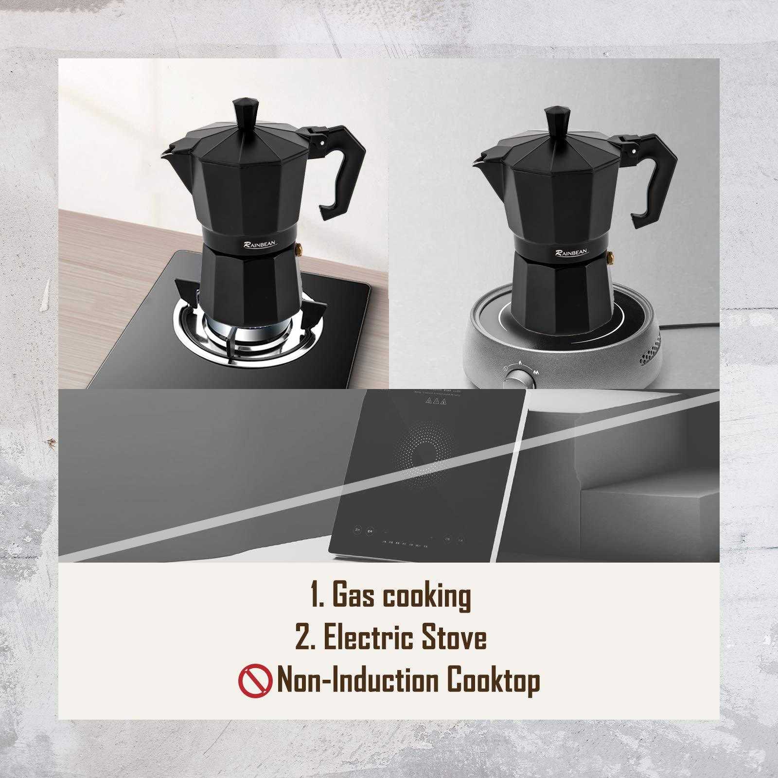 Black aluminum stovetop espresso maker on gas and electric stove, non-induction compatible.