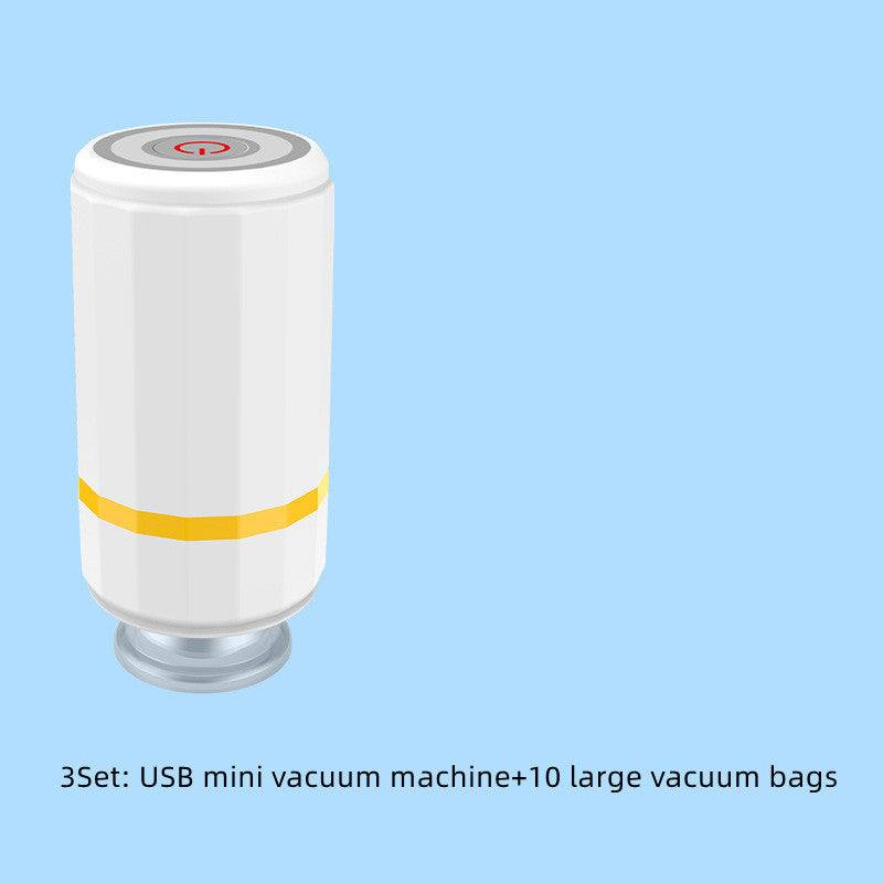 Mini USB charging vacuum sealer with 10 large vacuum bags for food storage.
